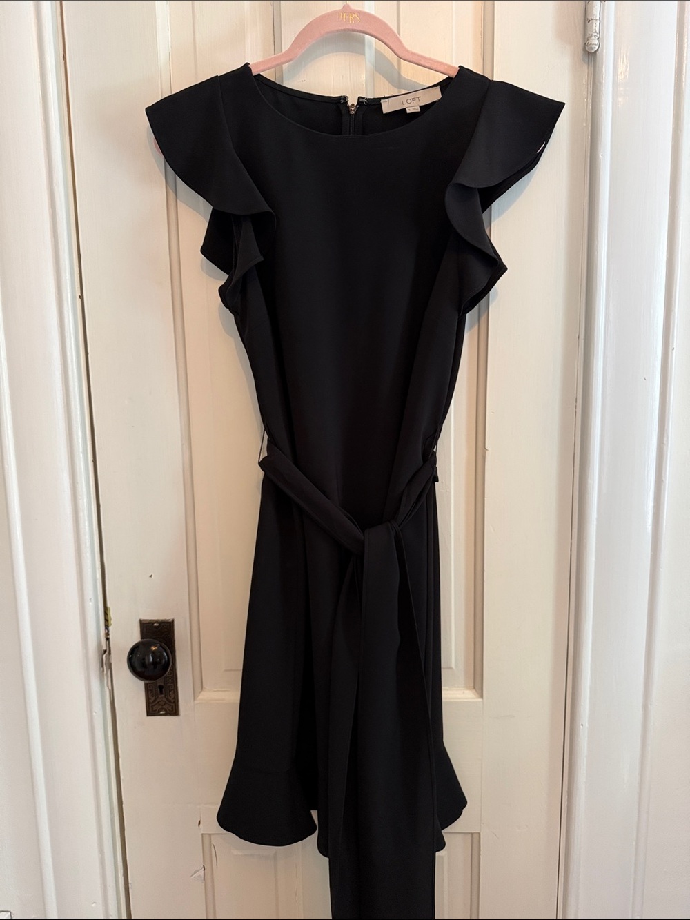 LOFT LBD Black Ruffle-Sleeve Tie-Waist Dress